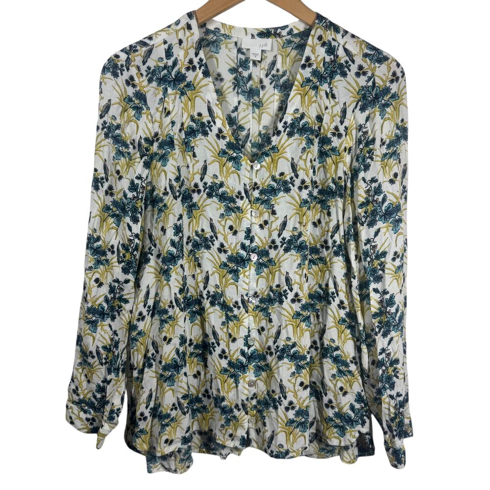 J.Jill Top Women M Blue White Button Up Long Sleeve Bird Flower Light Weight